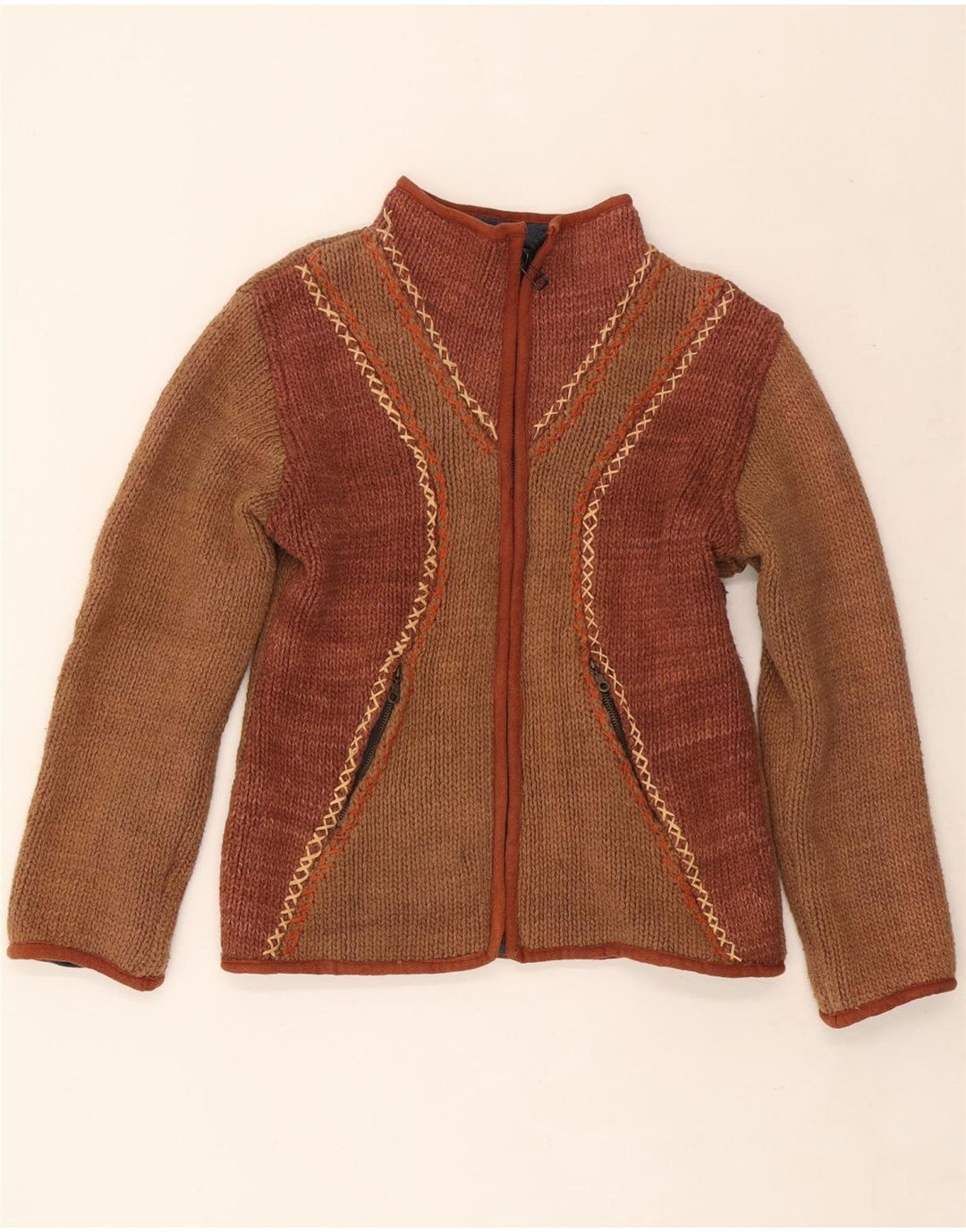 vintage Femme Cardigan Pull UK 12 Medium Brown Colourblock