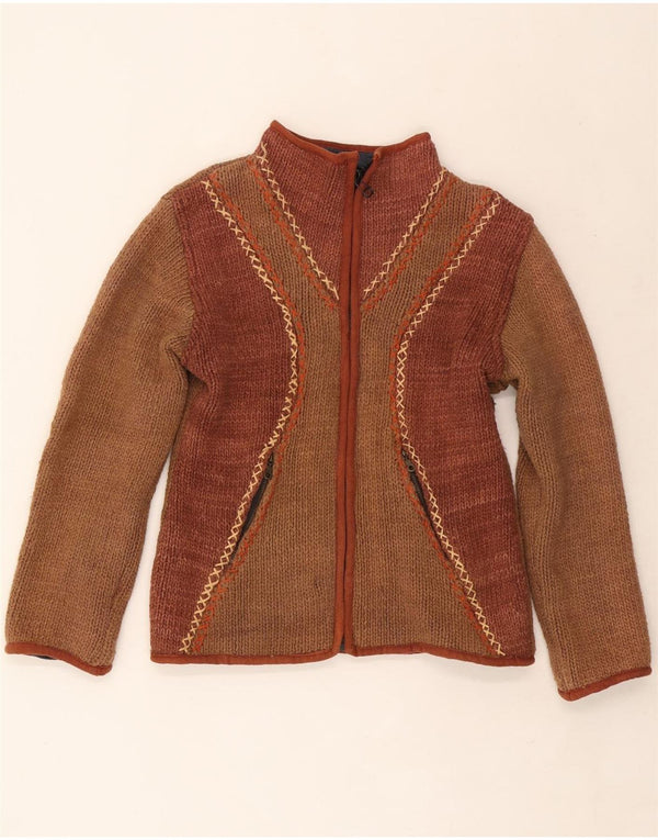 vintage Femme Cardigan Pull UK 12 Medium Brown Colourblock