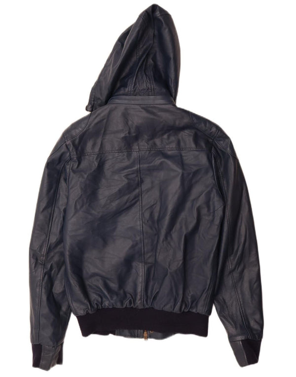 VINTAGE Veste en cuir à capuche femme UK 14 Grand cuir bleu marine