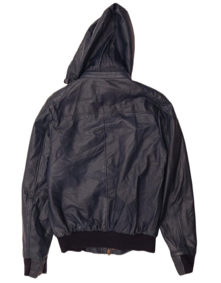 VINTAGE Veste en cuir à capuche femme UK 14 Grand cuir bleu marine
