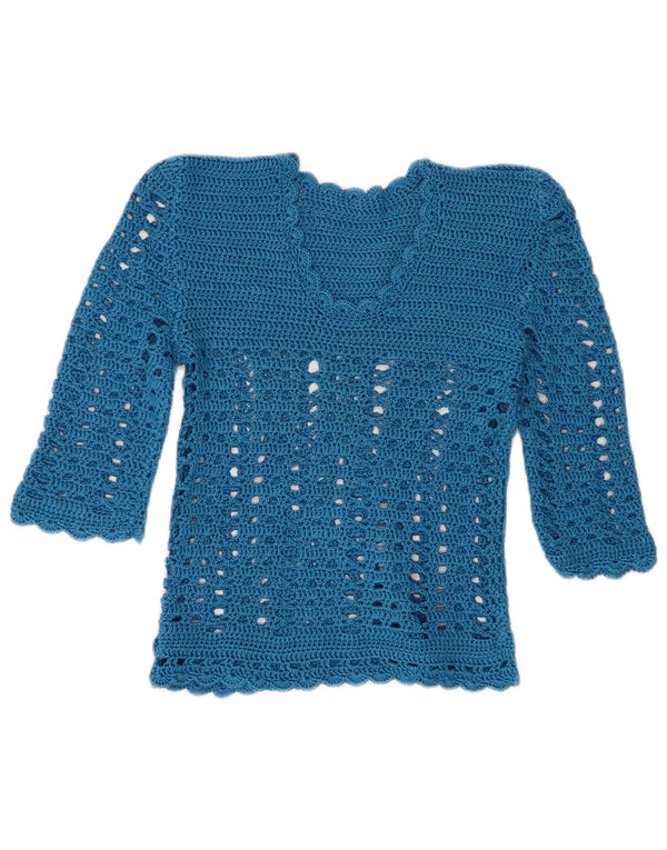 vintage Femmes Crochet Top 3/4 Manches UK 4 XS Bleu