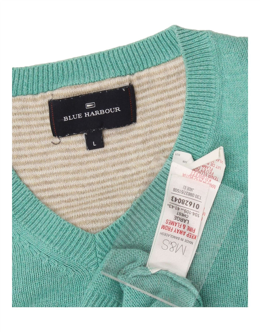 MARKS & SPENCER Mens V-Neck Jumper Sweater Large Turquoise Cotton Vintage Marks & Spencer and Second-Hand Marks & Spencer from Messina Hembry 