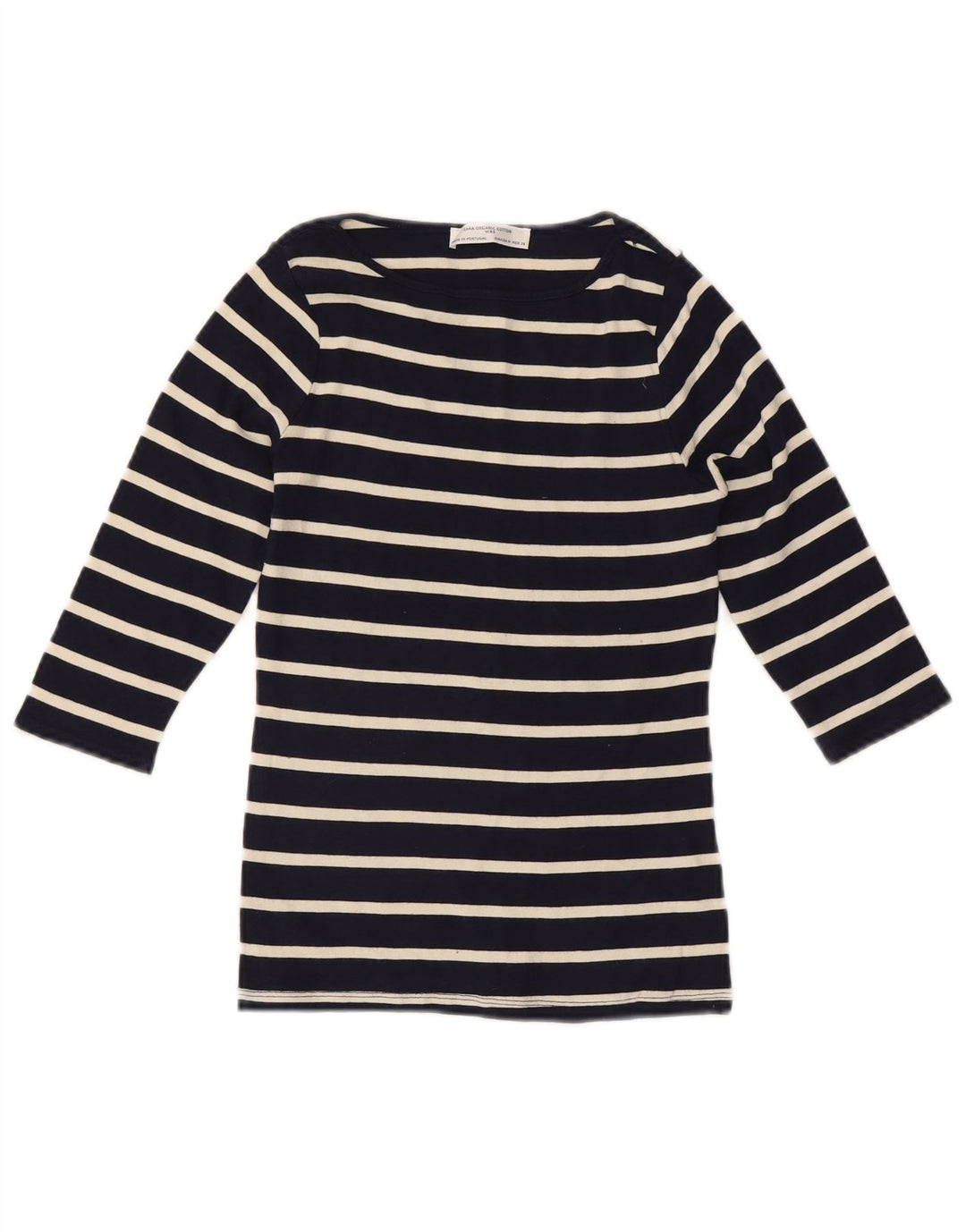 ZARA Femme Top Manches 3/4 UK 12 Moyen Bleu Marine Rayé Coton