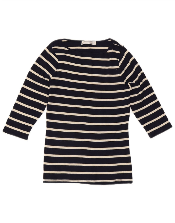 ZARA Femme Top Manches 3/4 UK 12 Moyen Bleu Marine Rayé Coton