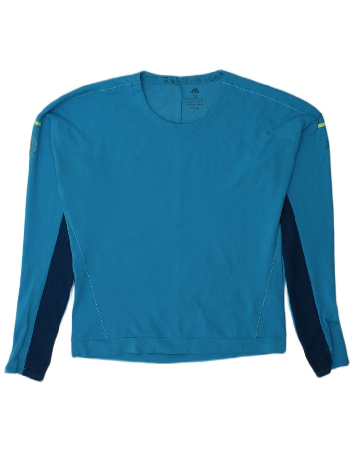 ADIDAS Femmes Climalite Top Manches Longues UK 12/14 Bleu Moyen Colourblock
