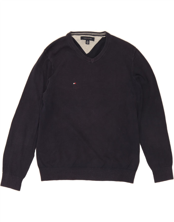 TOMMY HILFIGER Mens V-Neck Jumper Sweater Medium Navy Blue Cotton Vintage Tommy Hilfiger and Second-Hand Tommy Hilfiger from Messina Hembry 