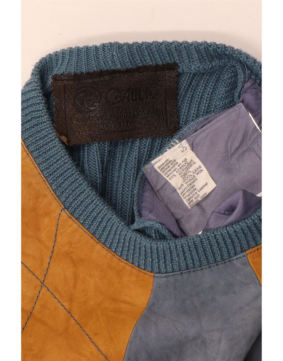 vintage Mens Crew Neck Jumper Pull Bleu Moyen Argyle/Diamant Acrylique