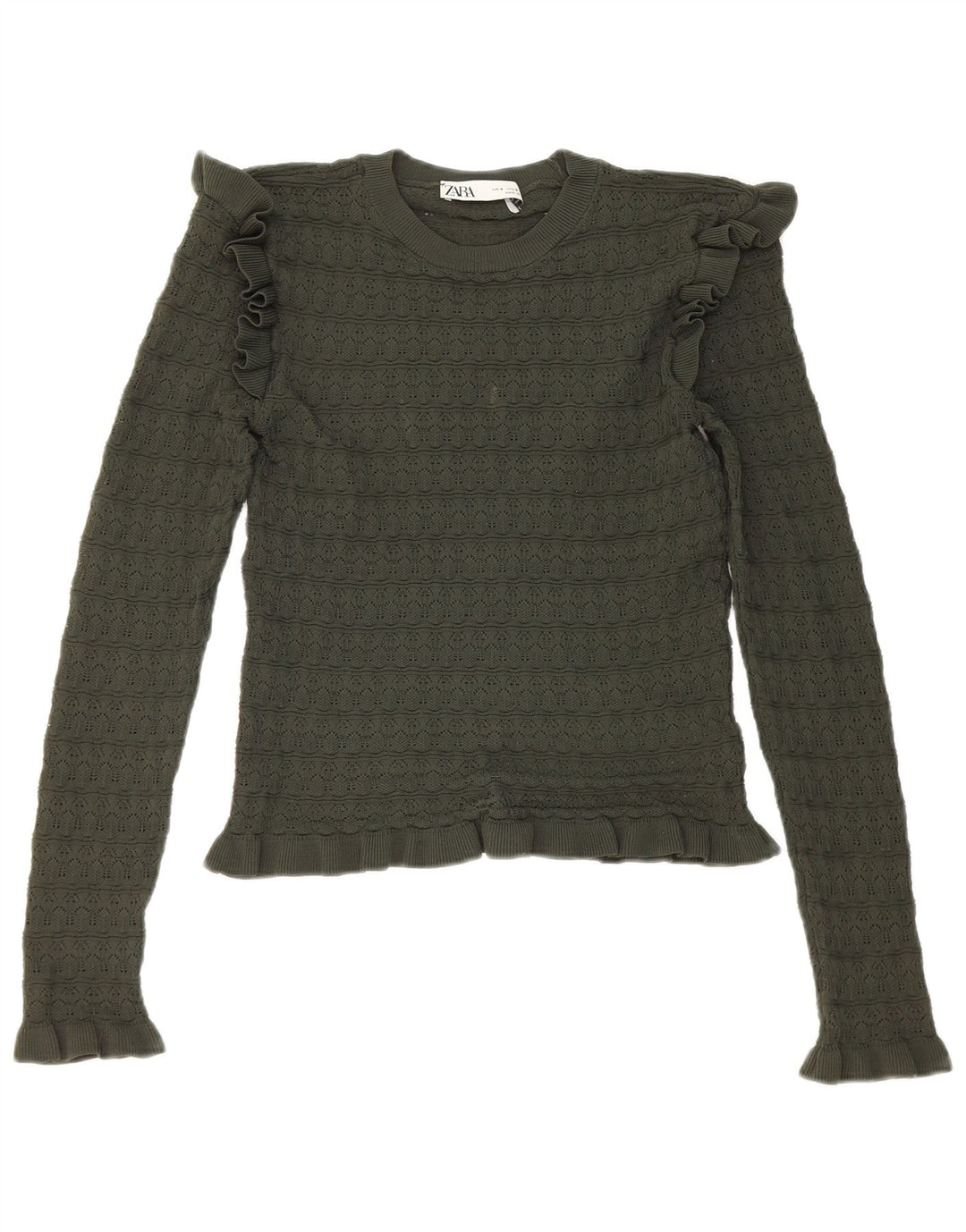 Zara Femmes Crop Ruffle Front Top Manches Longues UK 8 Petit Kaki Polyester