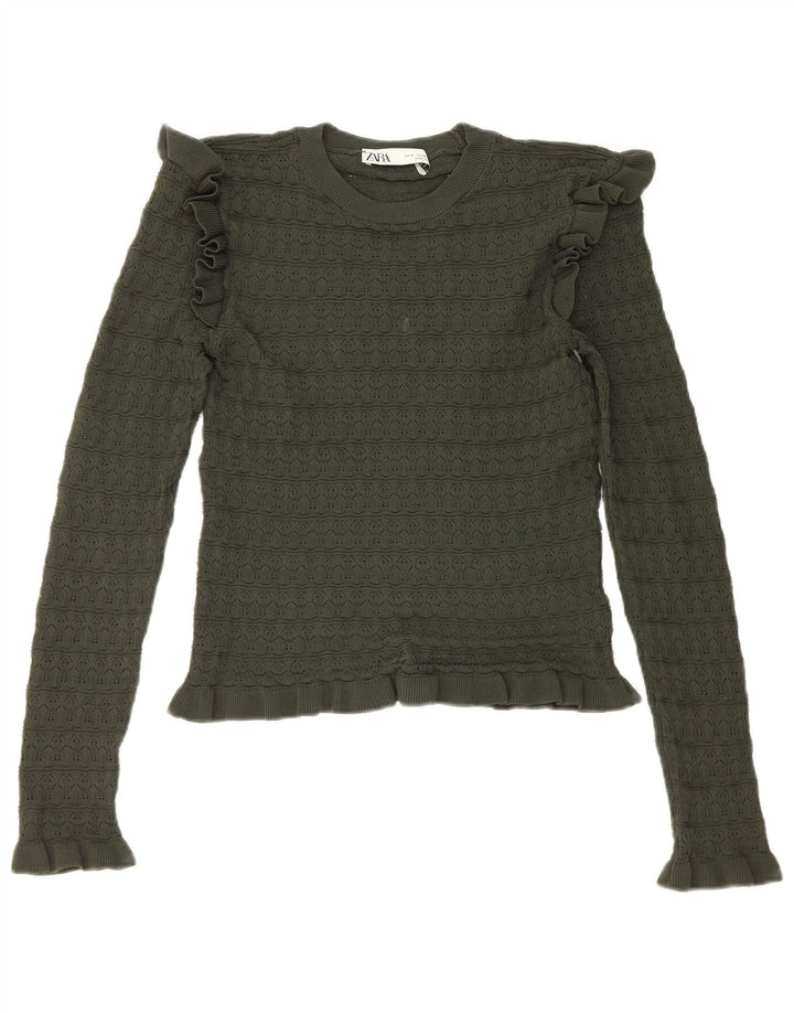 Zara Femmes Crop Ruffle Front Top Manches Longues UK 8 Petit Kaki Polyester