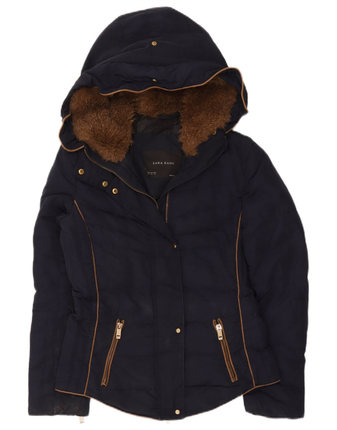 Zara Veste matelassée à capuche pour femme UK 12 Bleu marine moyen Polyester