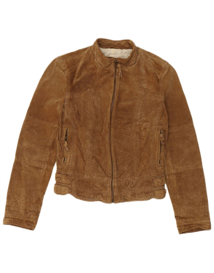 Zara Veste courte en daim pour femme UK 12 Cuir beige moyen