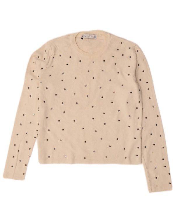 Zara Femme Top Manches Longues UK 10 Petit Viscose Moucheté Blanc Cassé
