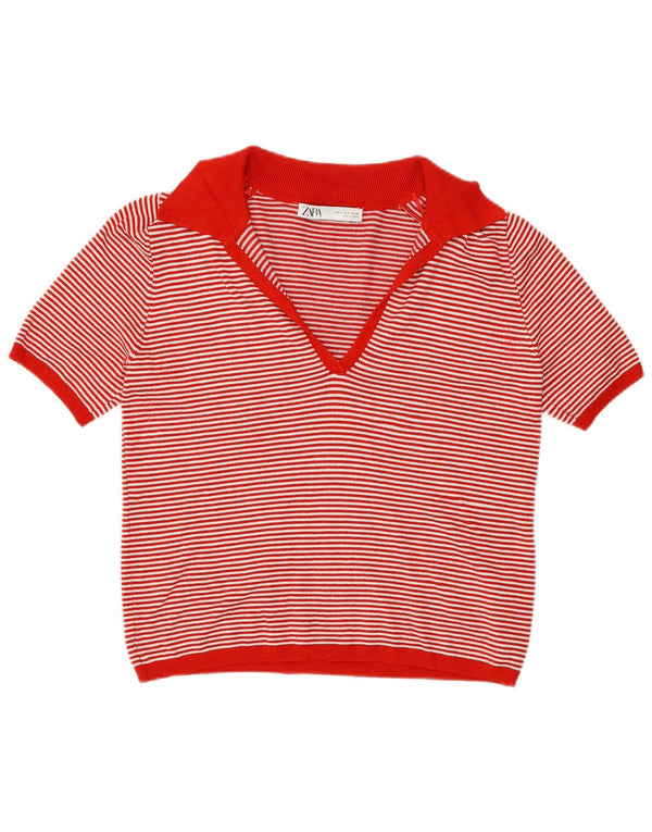 Zara Polo Femme UK 10 Petite Viscose Rayée Rouge