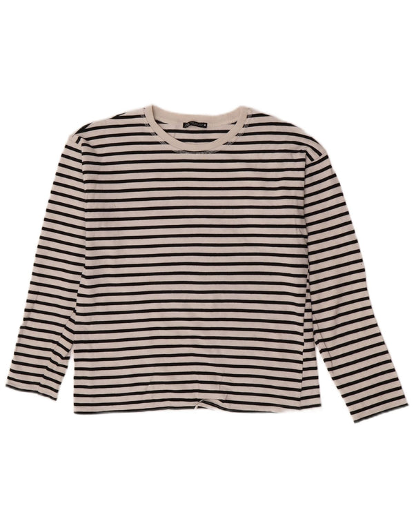 Zara Femme Top Manches Longues UK 10 Petit Coton Rayé Blanc