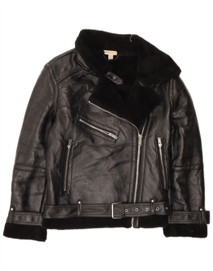 Topshop Veste de motard Sherpa surdimensionnée pour femme UK 10 Small Noir Polyuréthane