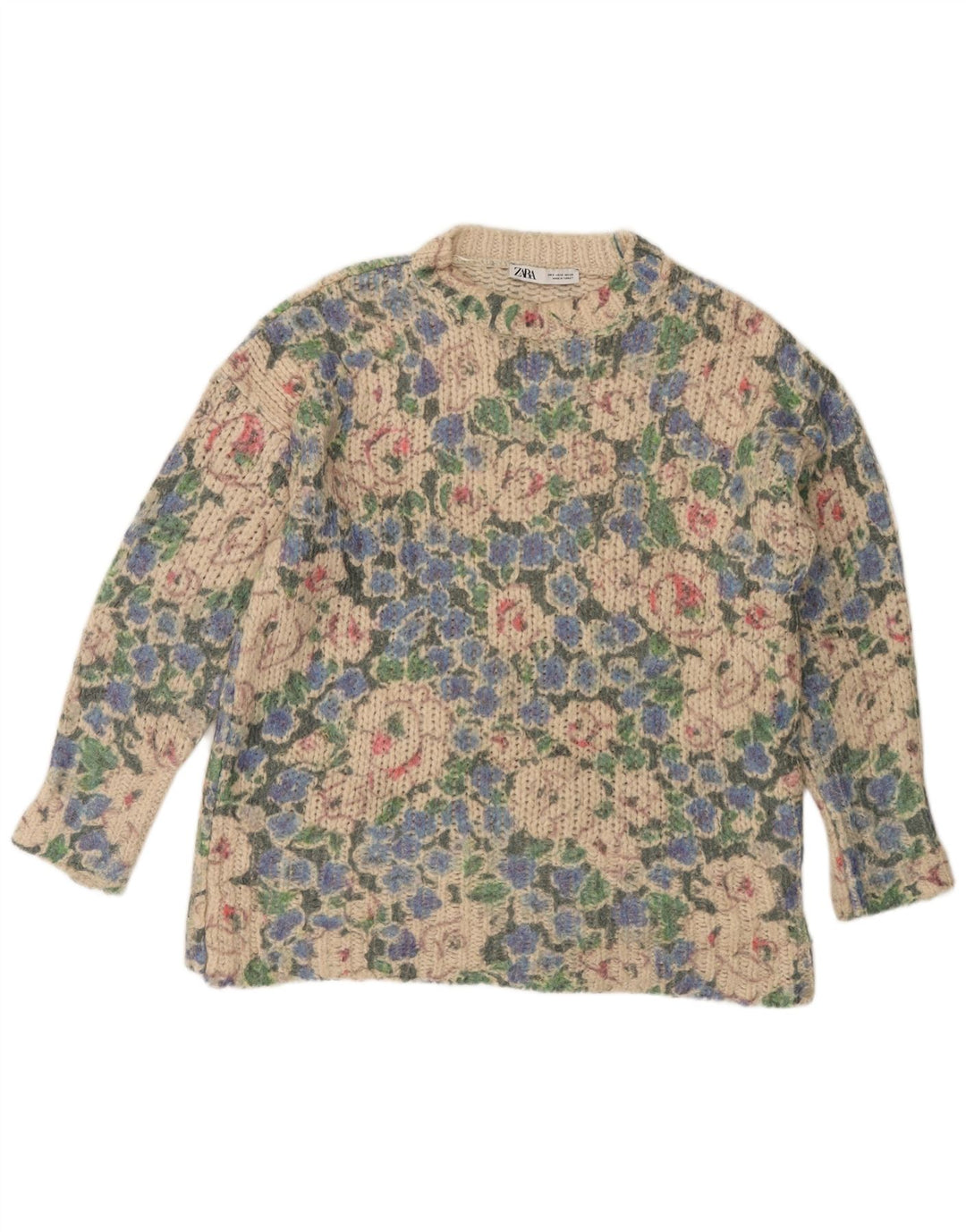 ZARA Pull à col rond pour femme UK 10 Petit motif floral multicolore