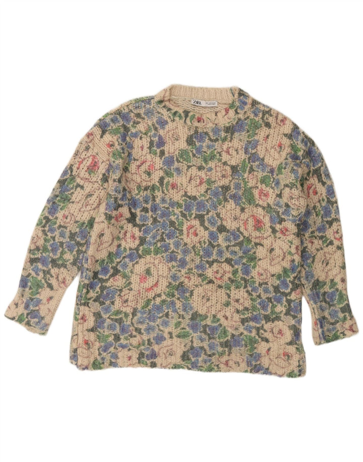 ZARA Pull à col rond pour femme UK 10 Petit motif floral multicolore