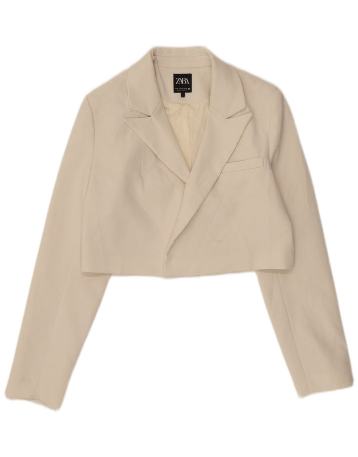 Zara Femmes Crop Open Blazer Veste UK 6 XS Blanc Cassé Polyester