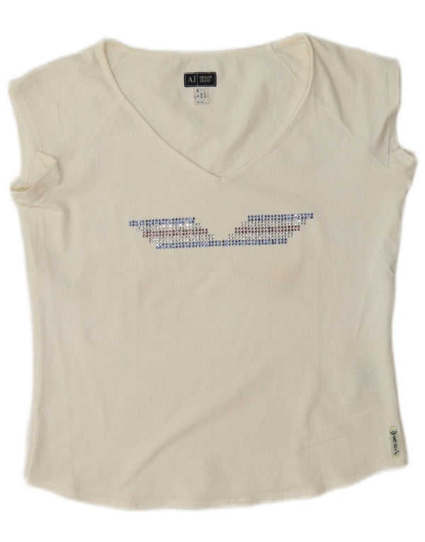 Armani Jeans T-shirt court graphique pour femme UK 10 petit coton blanc