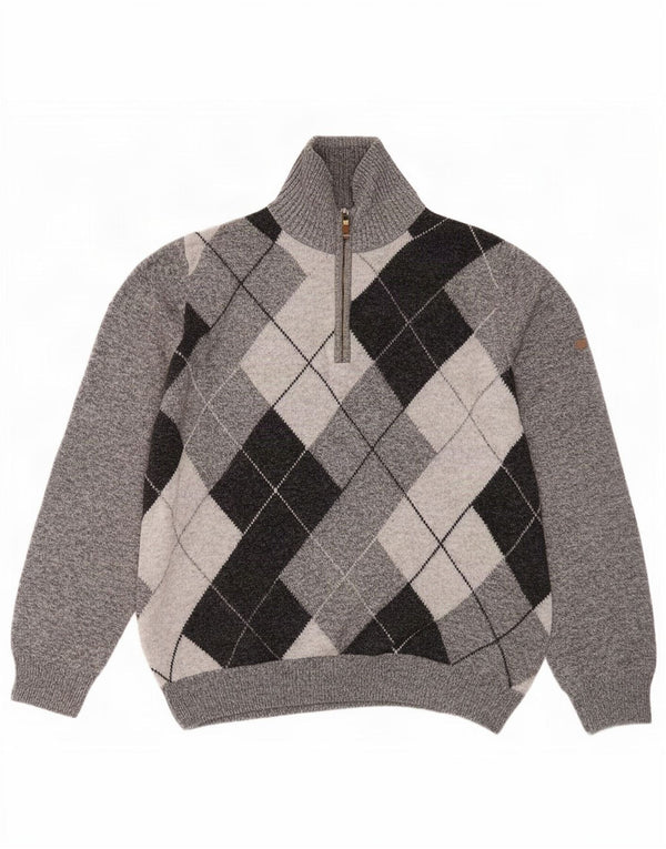 Navigare Pull col zippé pour homme en laine mérinos Gris Argyle/Diamond