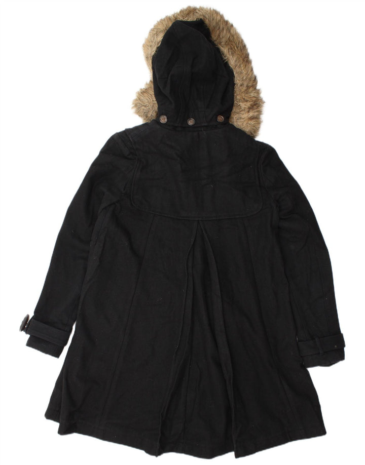 vintage Femmes À Capuchon Duffle Coat UK 10 Petite Laine Noire
