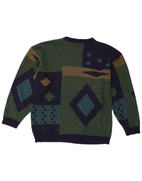 vintage Mens Crew Neck Jumper Pull Moyen Vert Géométrique