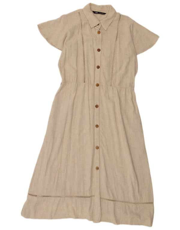Zara Robe chemise à manches courtes pour femme UK 16 Large Beige