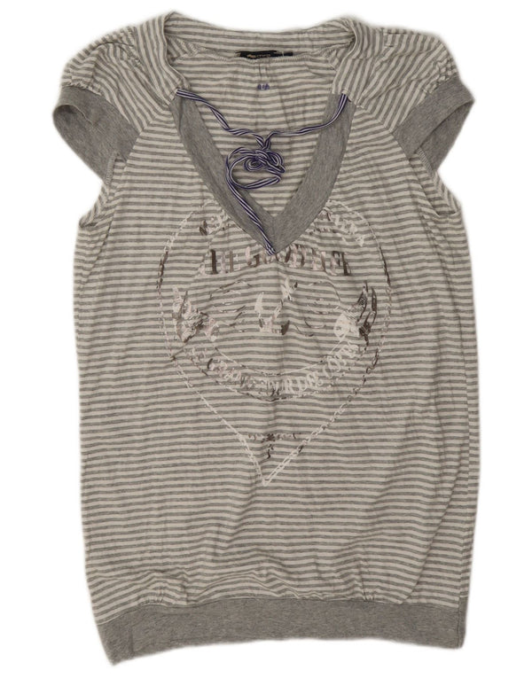 Gas Womens Graphic Blouse Top UK 14 Grand Gris Rayé Coton