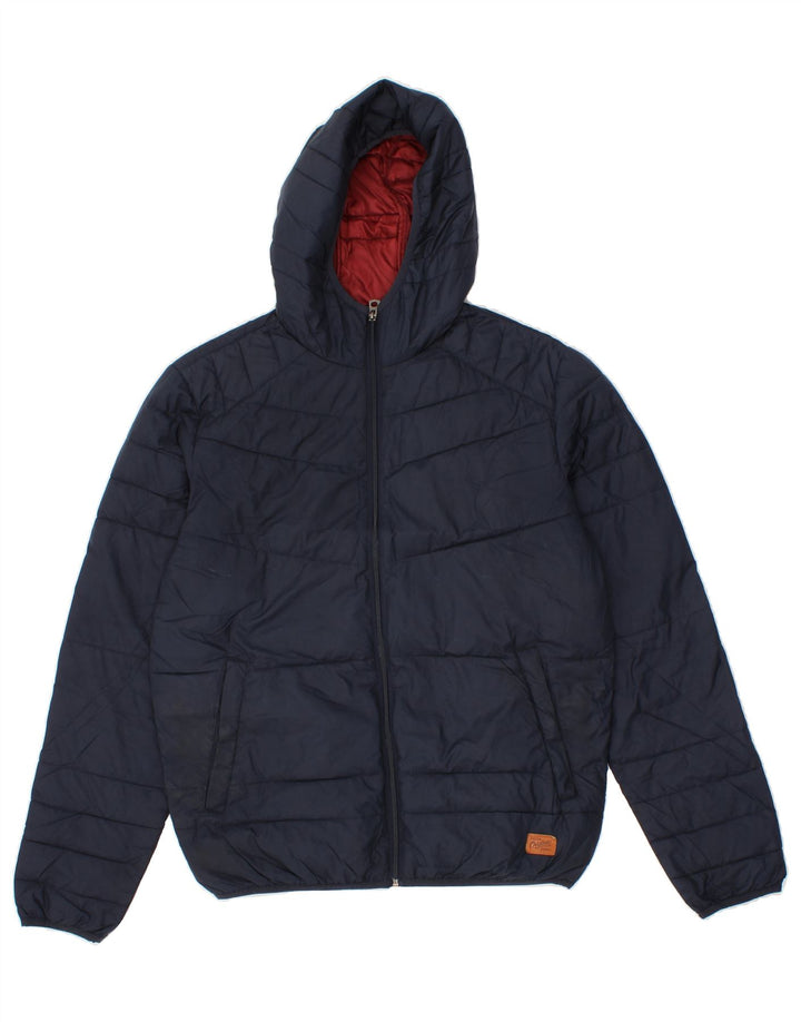 JACK & JONES Mens Hooded Padded Jacket UK 38 Medium Navy Blue Polyester Vintage Jack & Jones and Second-Hand Jack & Jones from Messina Hembry 
