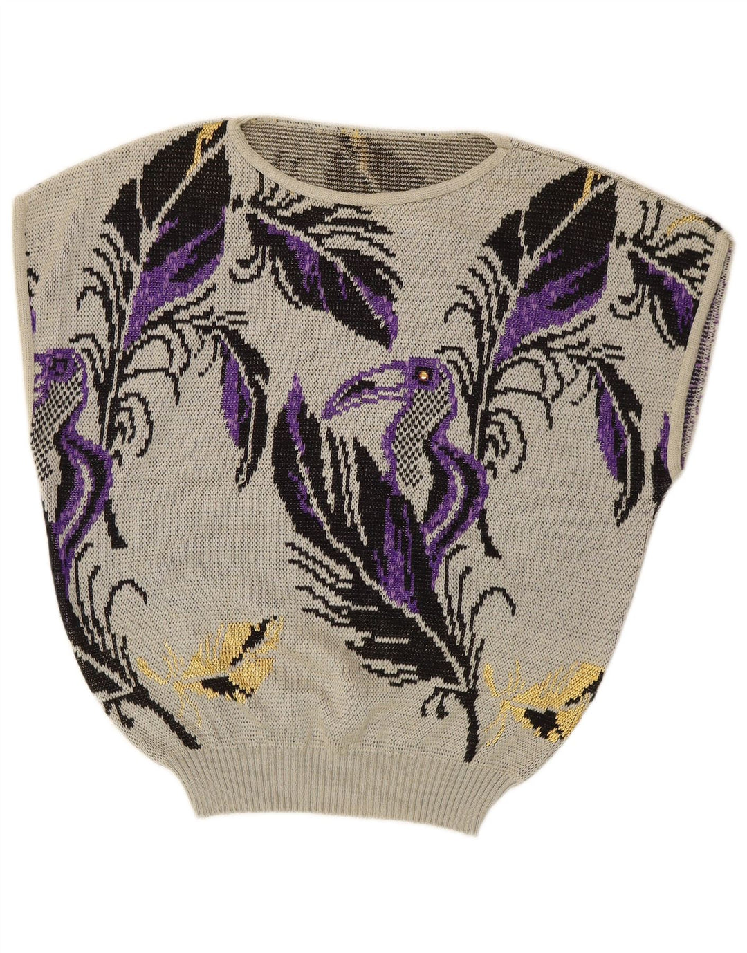 VINTAGE Femme Sans Manches Col Bateau Pull Pull UK 14 Grand Gris Floral