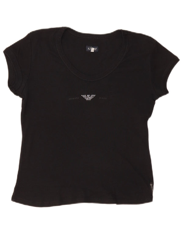 Armani Jeans T-shirt graphique pour femme UK 14 en coton noir moyen