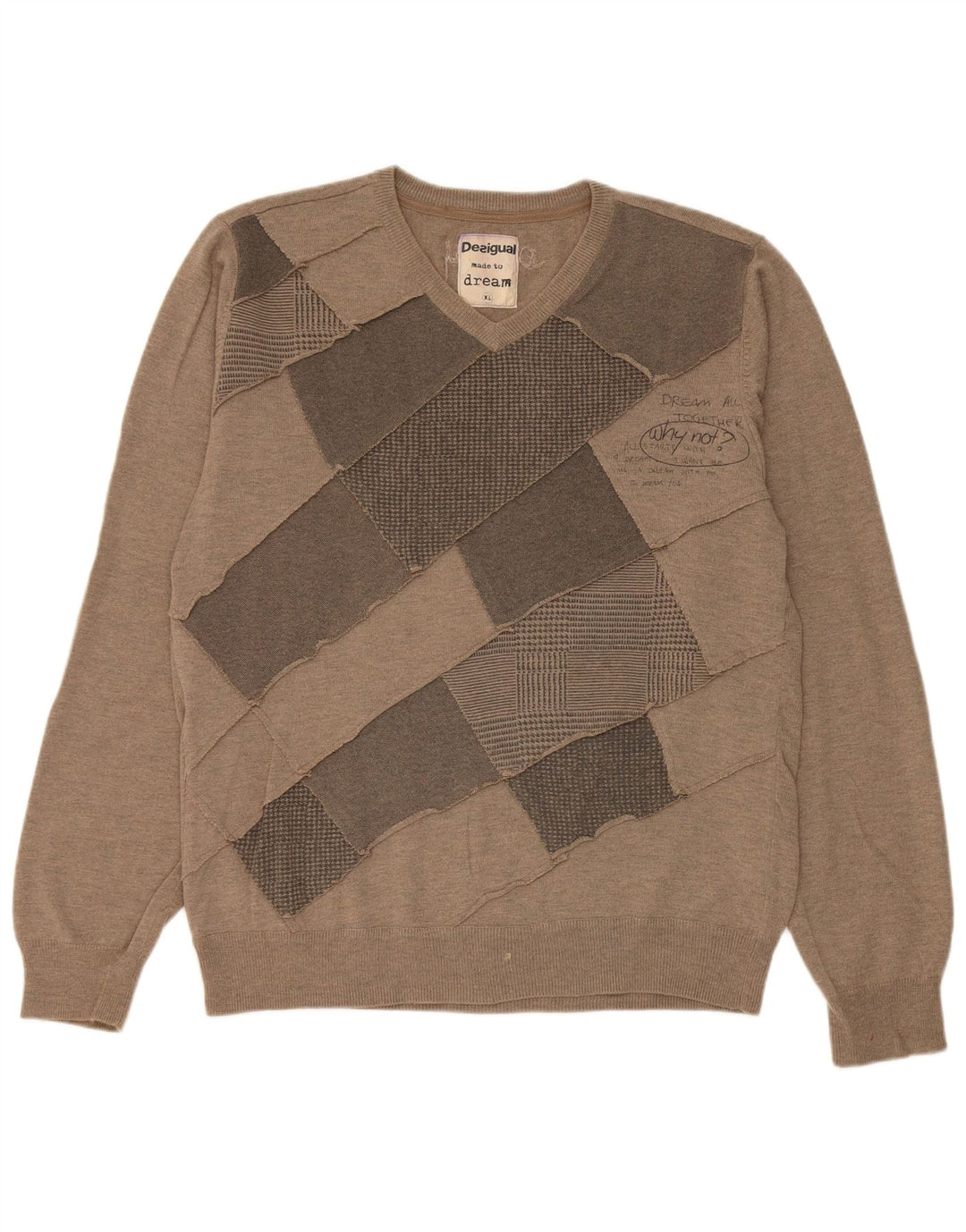 Desigual Pull Col V Homme XL Marron Patchwork Laine Moderne