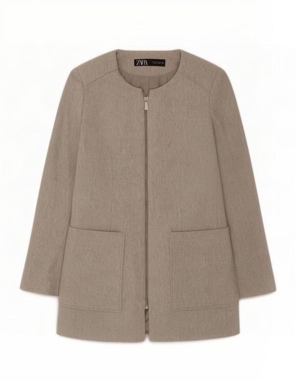 Zara Womens Full Zip Blazer Jacket UK 12 Gris Moyen Coton