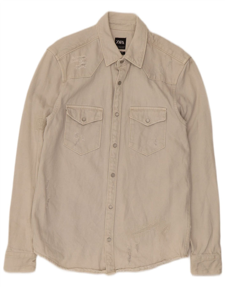 Zara Femme Chemise En Jean Coupe Décontractée Petit Coton Beige