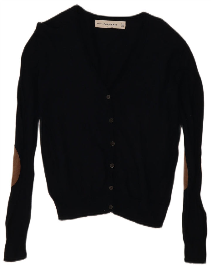 Zara Femme Cardigan Pull UK 12 Moyen Bleu Marine Coton