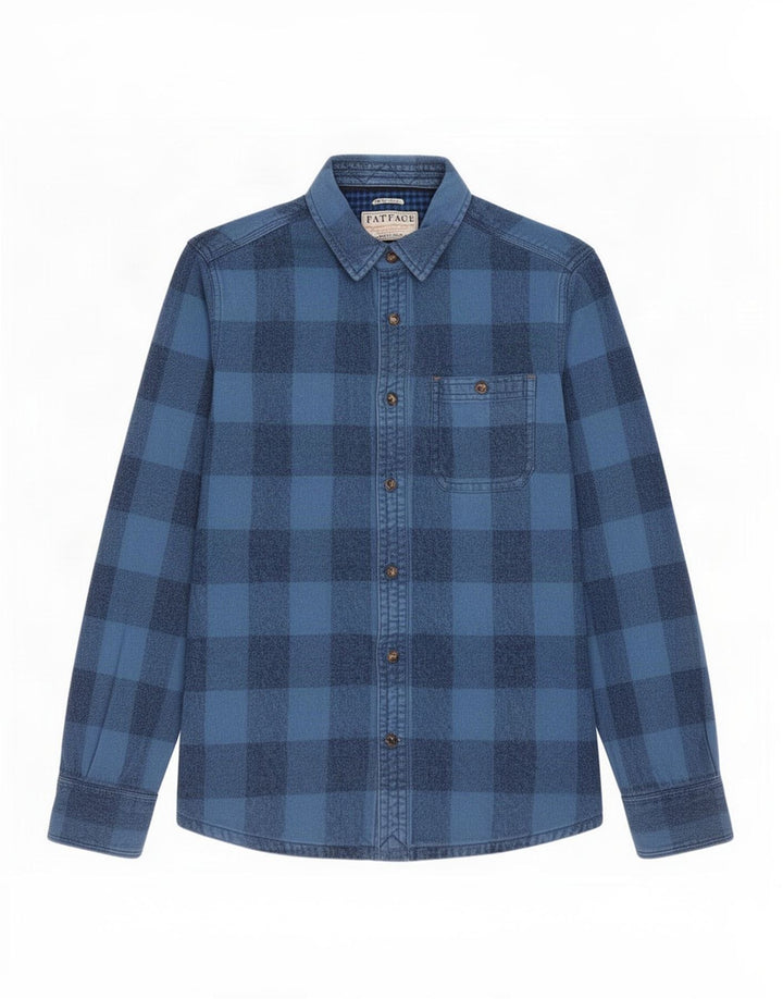 Fat Face Chemise Flanelle Homme Petit Carreau Bleu Coton