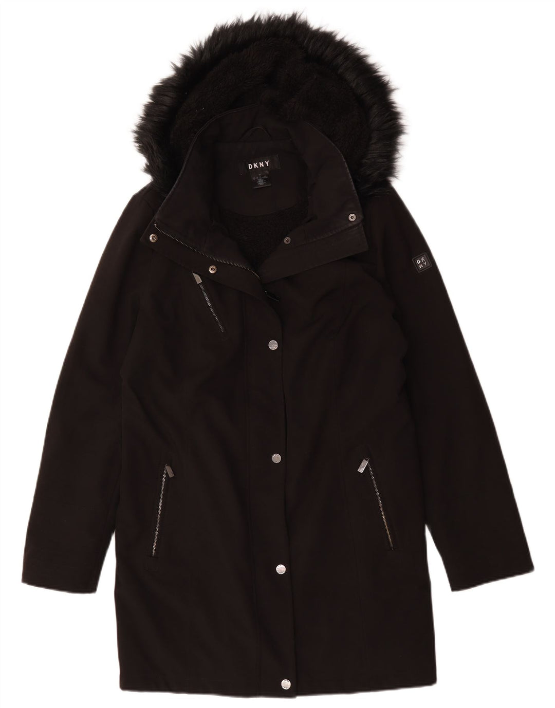 Dkny Manteau Sherpa à capuche pour femme UK 16 Large Noir Polyester