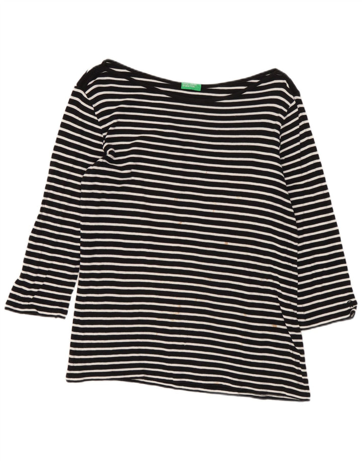 Benetton Haut Femme Manches 3/4 UK 12 Moyen Noir Rayé Nautique