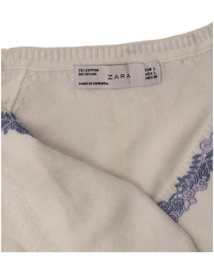 ZARA Womens V-Neck Jumper Sweater UK 14 Large White Cotton