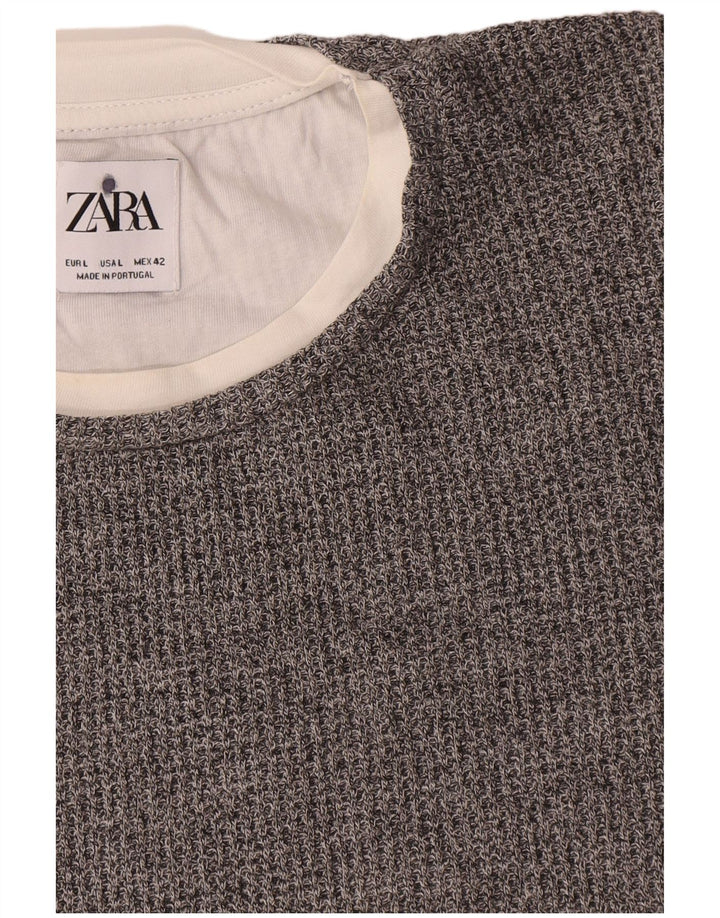 Zara Pull à col rond pour homme en coton gris Large
