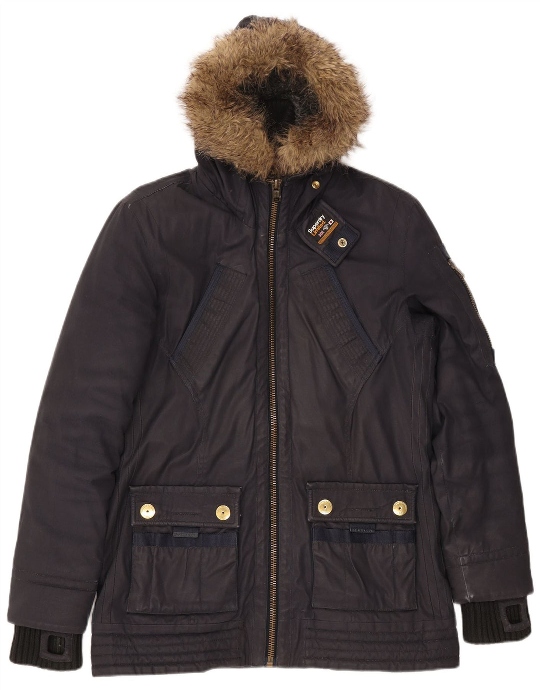 SUPERDRY Veste Parka à Capuche Femme UK 16 Large Bleu Marine Coton
