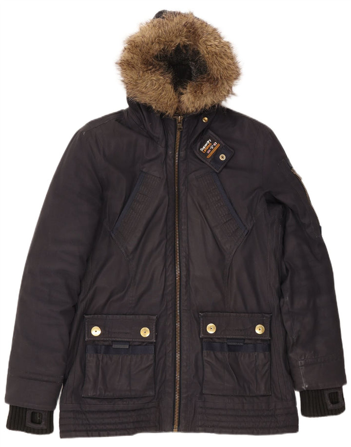 SUPERDRY Veste Parka à Capuche Femme UK 16 Large Bleu Marine Coton