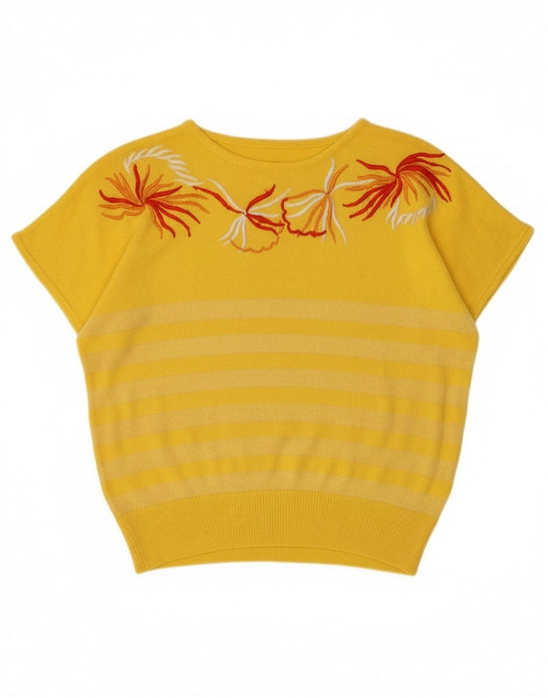 vintage Womens Graphic Boat Neck Jumper Pull UK 16 Grand Jaune Floral