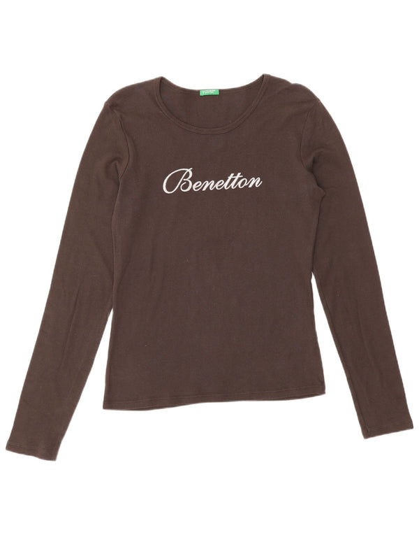 Benetton Haut graphique à manches longues pour femme UK 12 Large Marron Coton