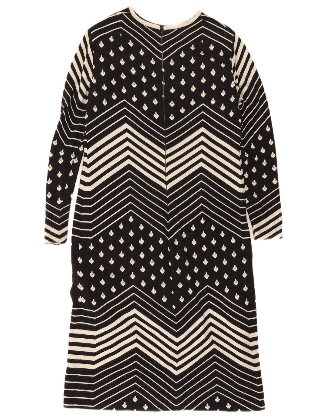 vintage Femmes Manches Longues Shift Robe UK 12 Moyen Noir Géométrique