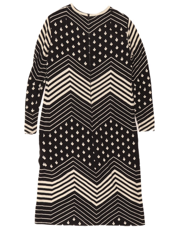 vintage Femmes Manches Longues Shift Robe UK 12 Moyen Noir Géométrique