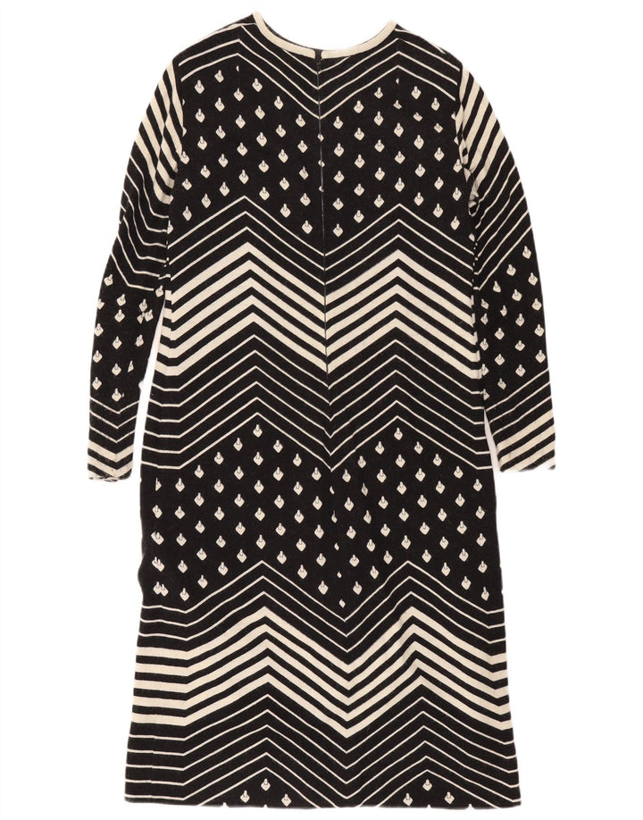vintage Femmes Manches Longues Shift Robe UK 12 Moyen Noir Géométrique