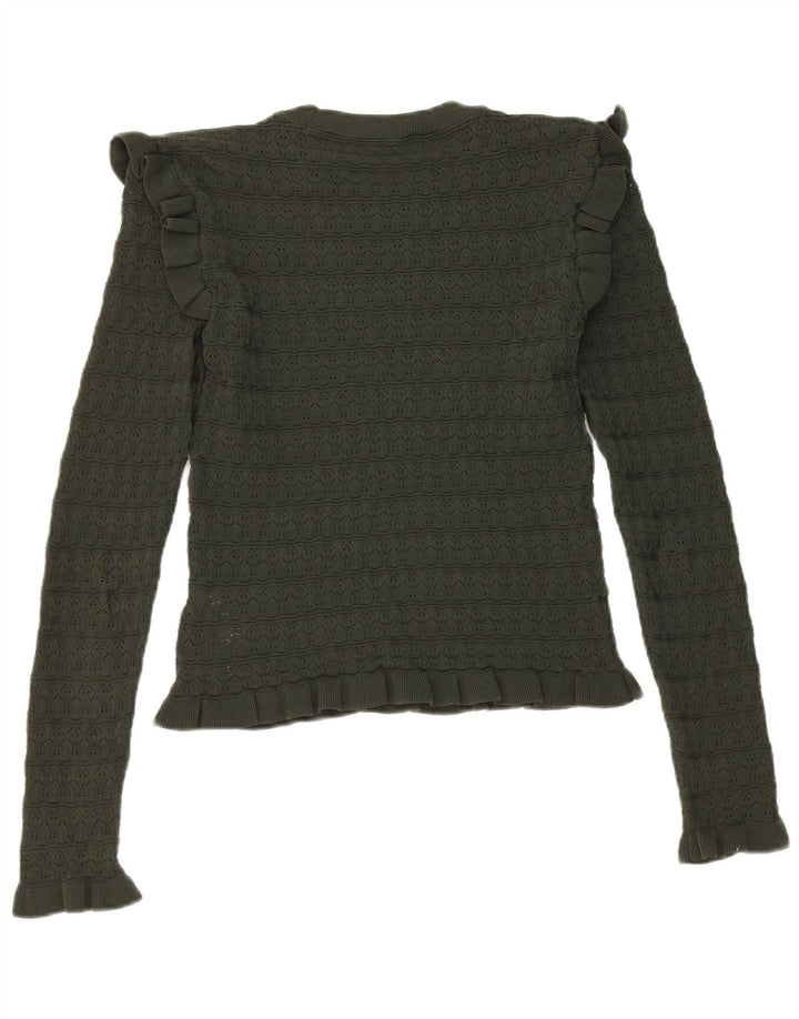 Zara Femmes Crop Ruffle Front Top Manches Longues UK 8 Petit Kaki Polyester