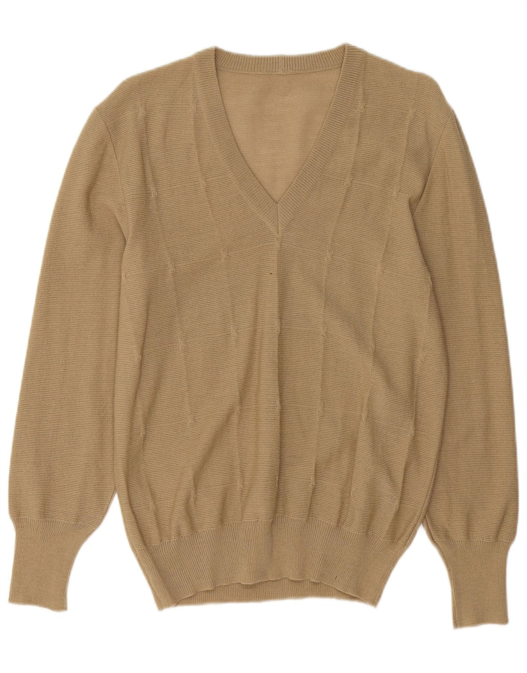 VINTAGE Pull col V Femme UK 12 Beige Moyen