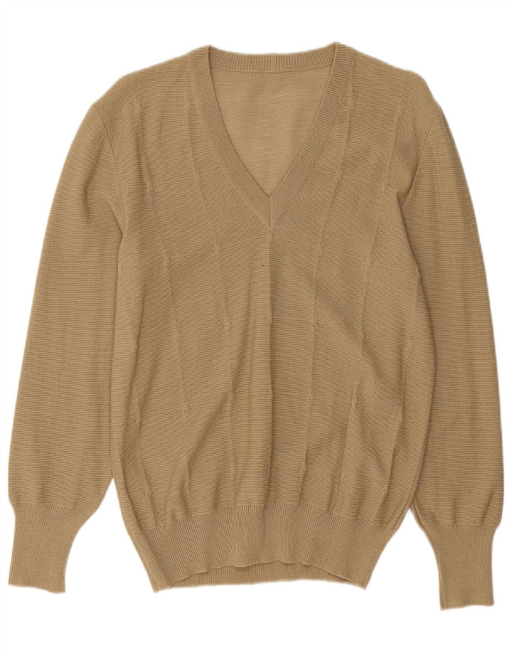 VINTAGE Pull col V Femme UK 12 Beige Moyen
